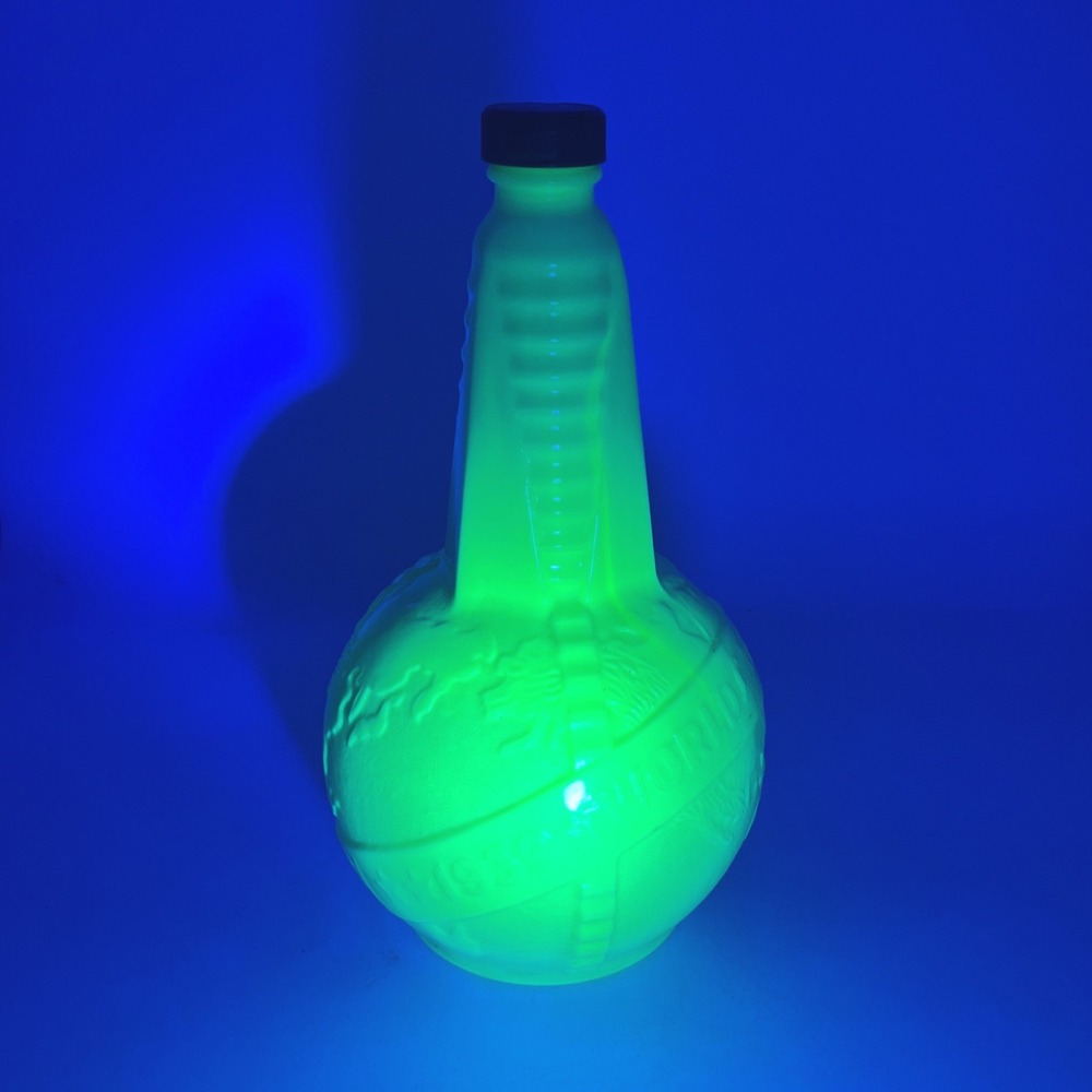Vintage 1939 New York Worlds Fair Milk Glass Bottle UV Glow Trylon Perisphere 9"